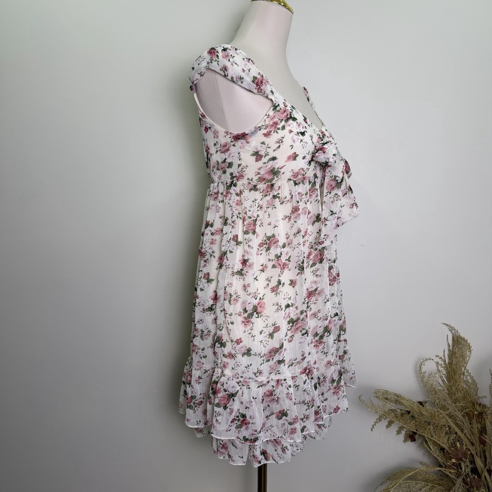 CottageCore Dress Size Small Floral Sweetheart Tie-Front Mini Dress Cream Pink - Picture 4 of 7